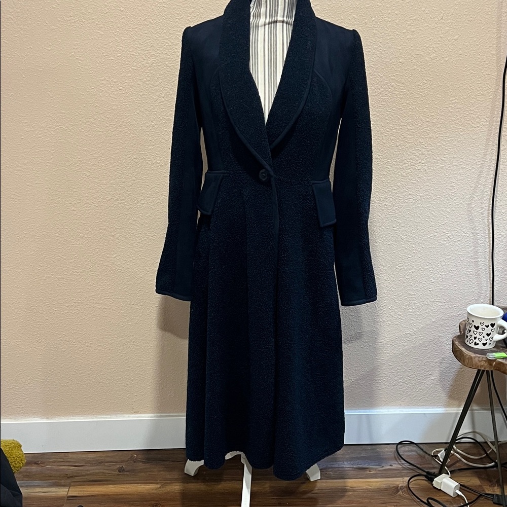 Elegant Navy Long Coat by Anthro. Faux Suede and bucle fleece. Dreamy soft.